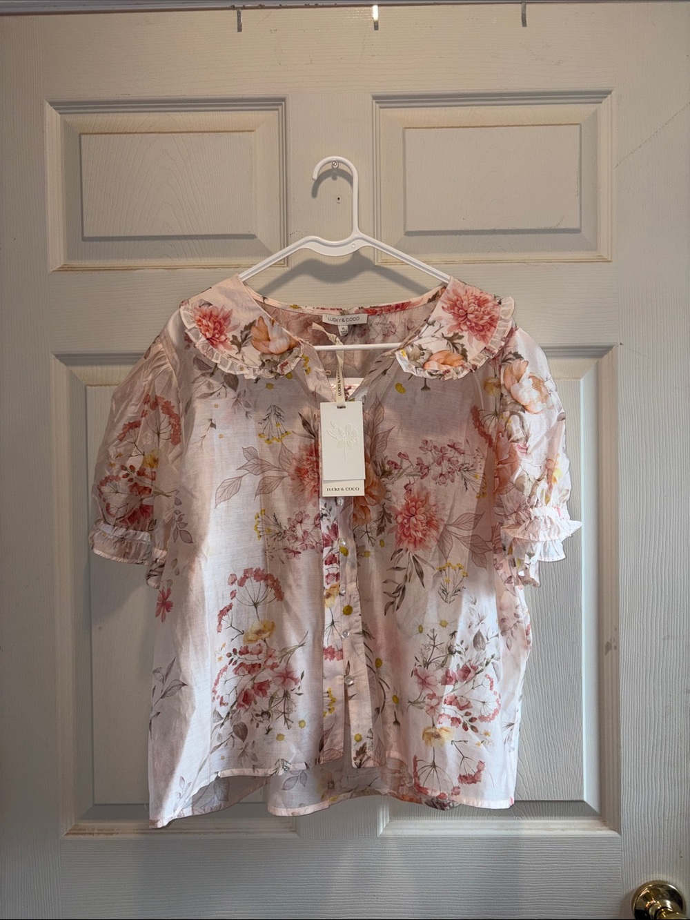 Light Pink Floral Ruffle Collar Blouse